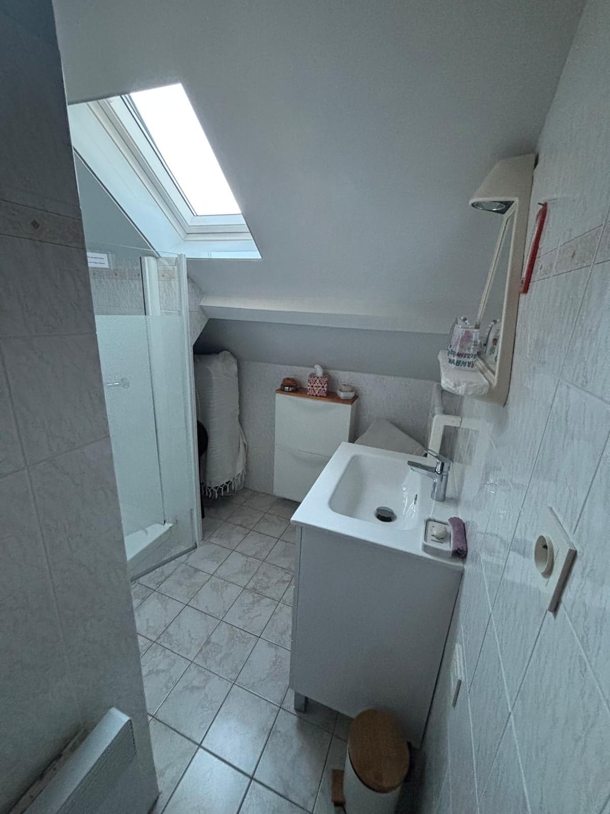 La salle d'eau sous la fenêtre de toit : douche et vasque blanche