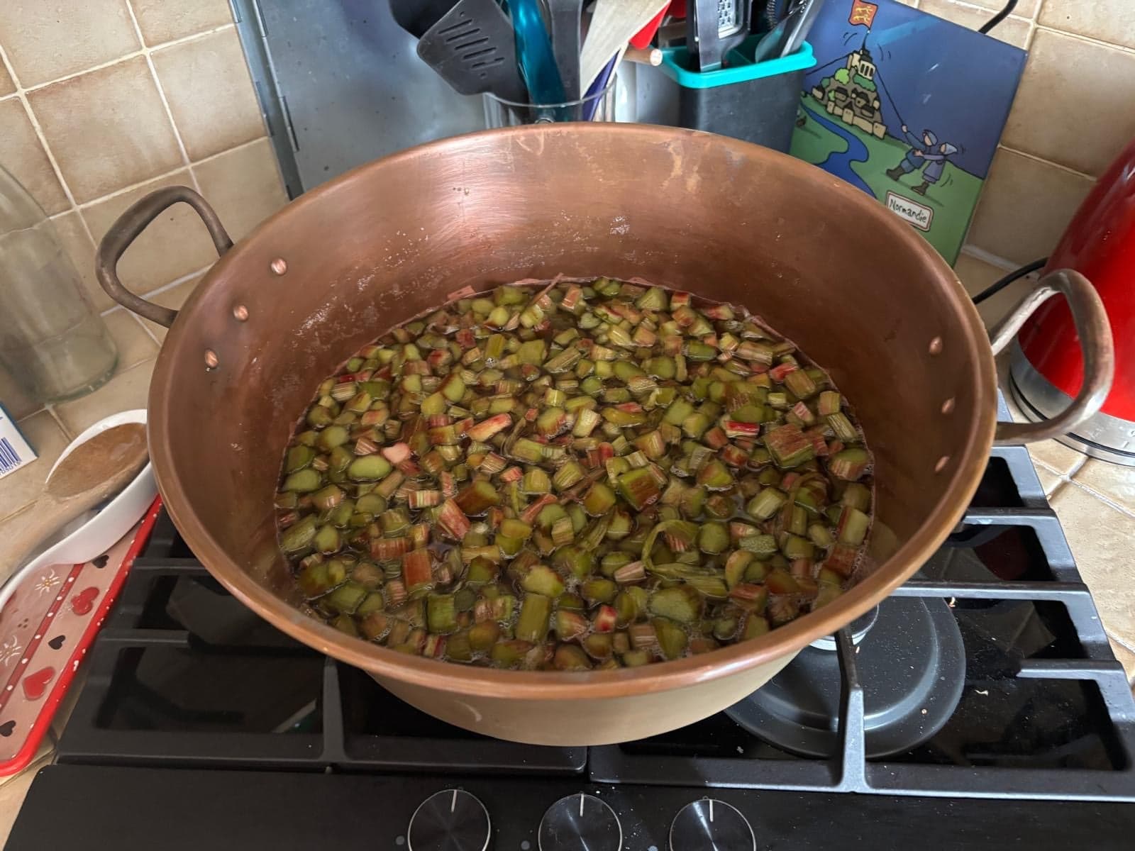 La rhubarbe du jardin qui cuit dans la bassine en cuivre